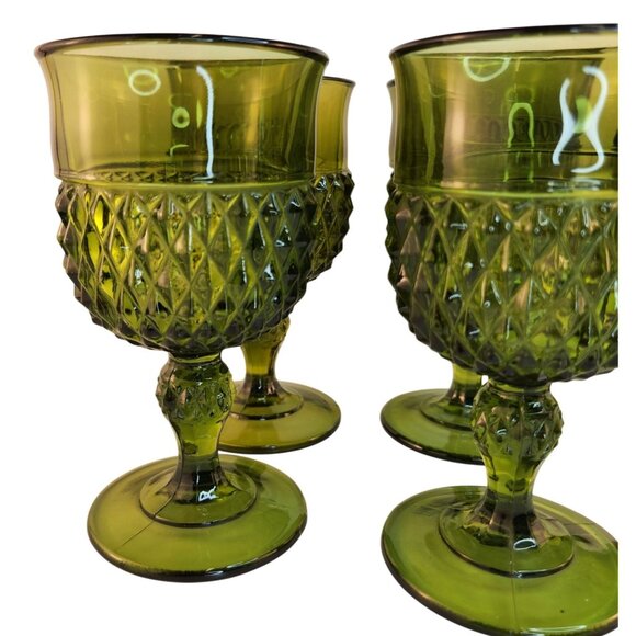 Vintage Green Glass Water Goblet Set Of 2 With Diamond Pattern Elegant Stemware - Picture 3 of 10